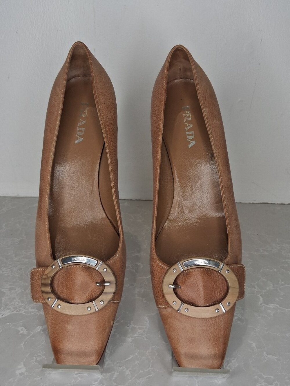Prada Vintage Tan Leather Buckle Pumps Size 7.5